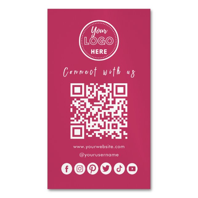 Connect With Us Social Media QR Code Hot Pink Magnetic Business Card (Front Vertical)