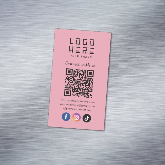 Connect With Us Social Media QR Code Modern Pink Magnetic Business Card (In Situ)