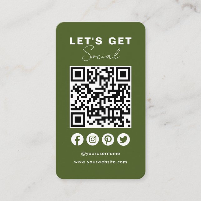 Connect With Us Social Media QR Code Moss Green Business Card (Front)