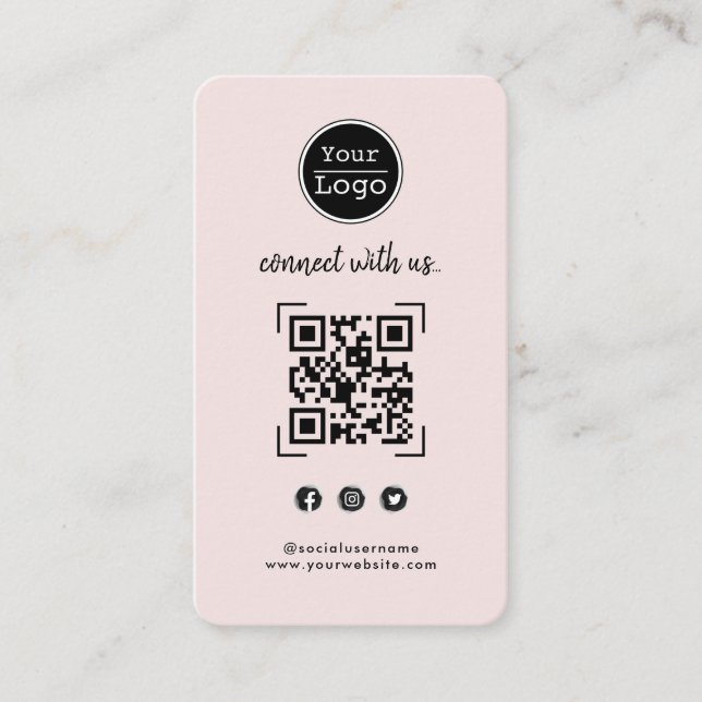 Connect with us | Social Media QR Code Pink Busine Business Card (Front)