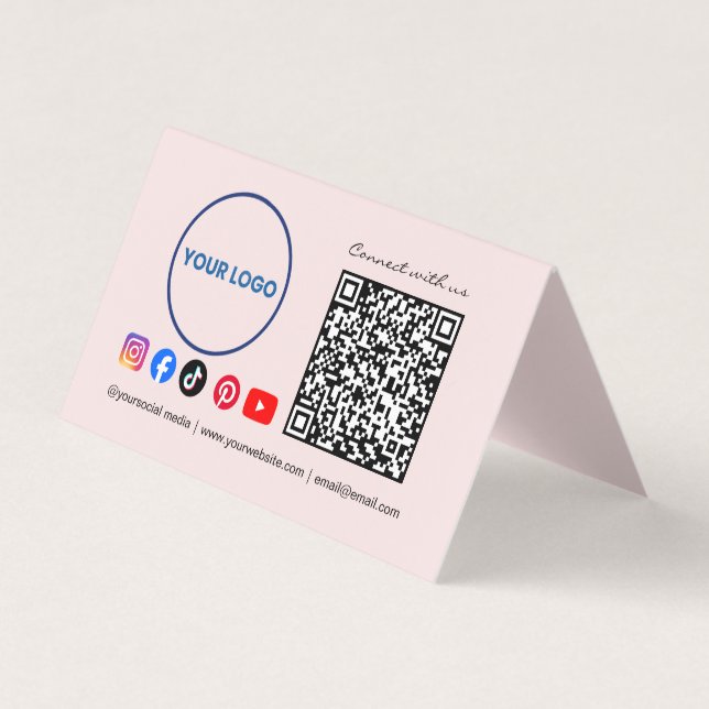 Connect with us Social Media QR Code Pink Business Card (Front)