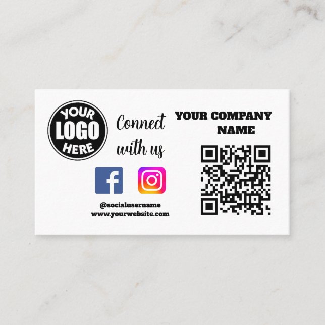 Connect with us | Social Media QR Code White Busin Business Card (Front)