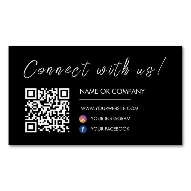 Connect with us Website Qr Code Social Media Black Magnetic Business Card (Front)