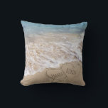 connected hearts in beach sand with ocean surf cushion<br><div class="desc">Linking beach hearts in sand with ocean background
Names can be customised.</div>
