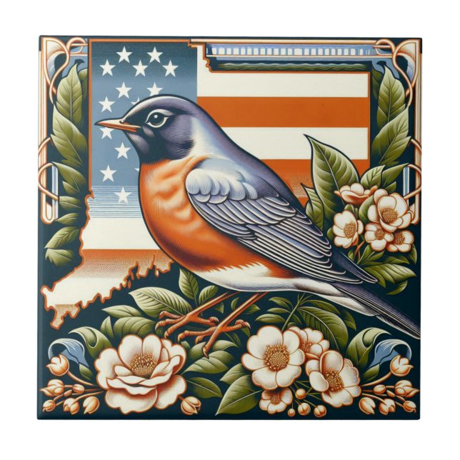 Connecticut American Robin and State Flower Blue Ceramic Tile (Front)