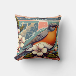 Connecticut American Robin Bird and State Flower Cushion