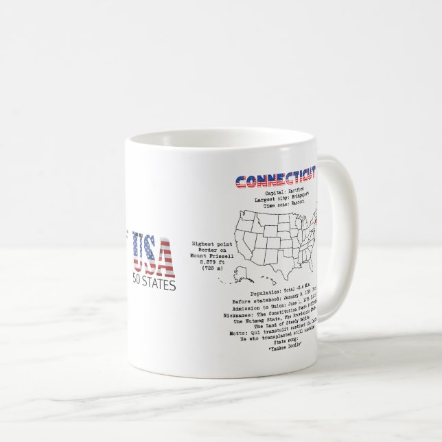 Connecticut American state on a map and details Coffee Mug (Front Right)
