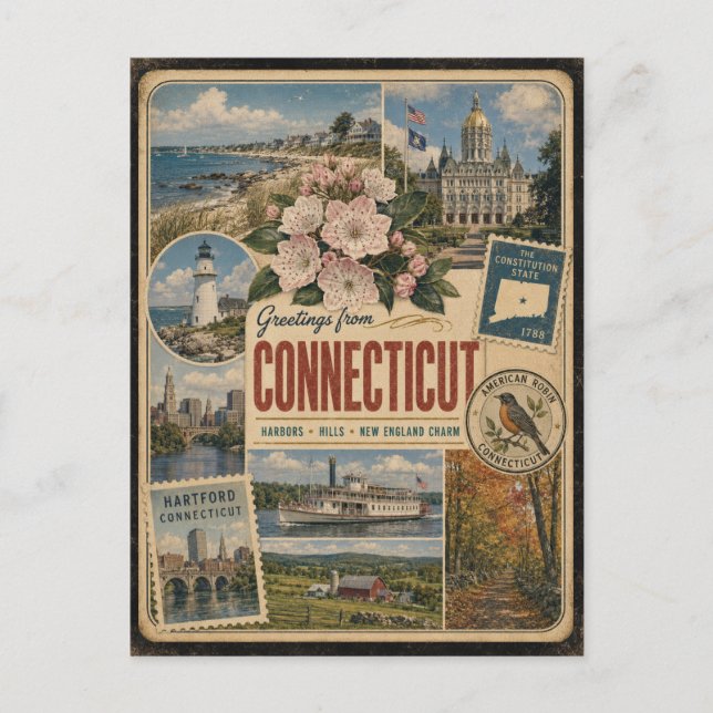 Connecticut Authentic Vintage Style Postcard (Front)