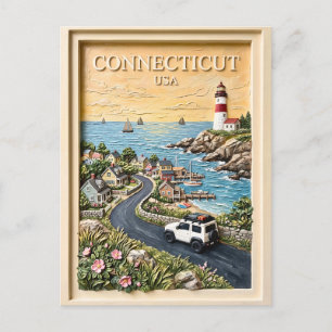 Connecticut Coastal Lighthouse Vintage Road Trip Postcard