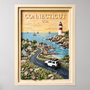 Connecticut Coastal Lighthouse Vintage Road Trip Poster