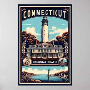 Connecticut Colonial Charm Lighthouse Vintage  Poster