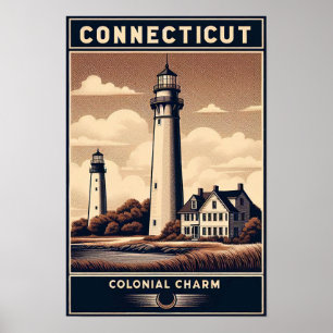 Connecticut Colonial Charm Lighthouse Vintage Poster