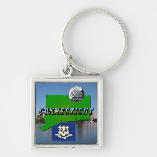 Connecticut' Map, Text, Faux Quarter, Flag Scenery Key Ring (Front)