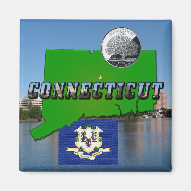 Connecticut' Map, Text, Faux Quarter, Flag Scenery Magnet (Front)