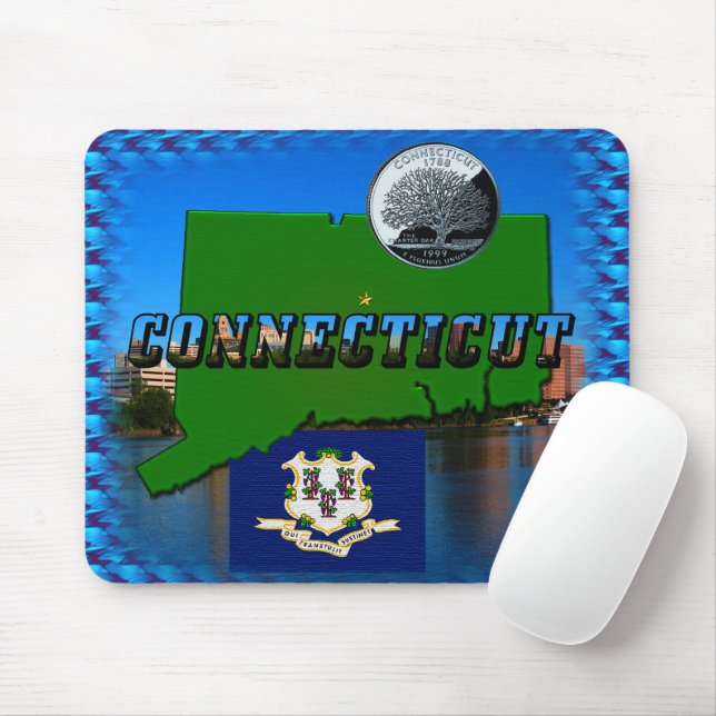 Connecticut' Map, Text, Faux Quarter, Flag Scenery Mouse Pad (With Mouse)