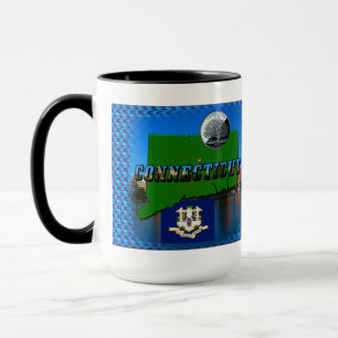 Connecticut' Map, Text, Faux Quarter, Flag Scenery Mug