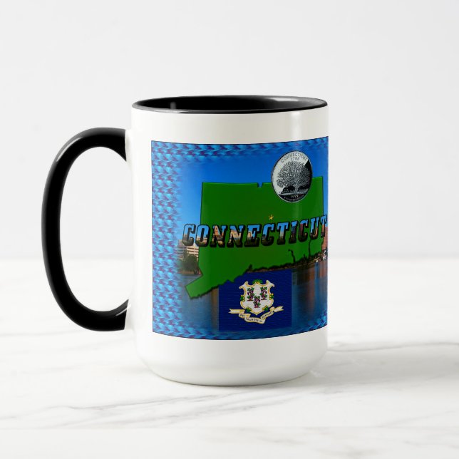 Connecticut' Map, Text, Faux Quarter, Flag Scenery Mug (Left)