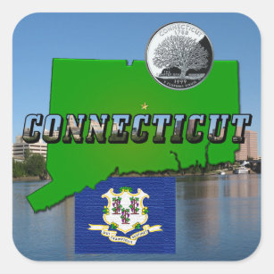 Connecticut' Map, Text, Faux Quarter, Flag Scenery Square Sticker