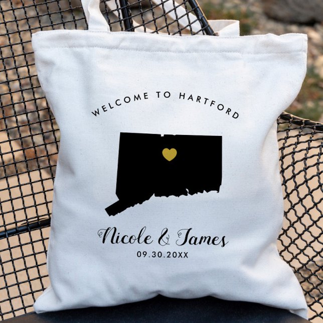 Connecticut Map Wedding Welcome Bag Tote, Black (Creator Uploaded)