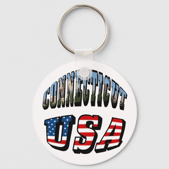 Connecticut Picture and USA Flag Text Key Ring (Front)