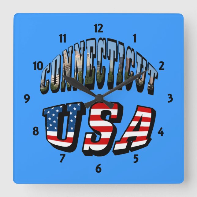 Connecticut Picture and USA Flag Text Square Wall Clock (Front)