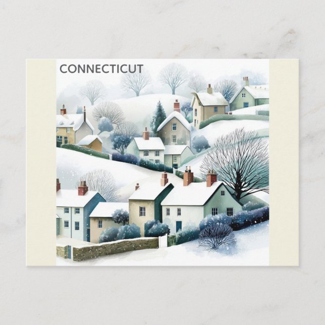 Connecticut Snowy Winter Village Illustration Postcard (Front)