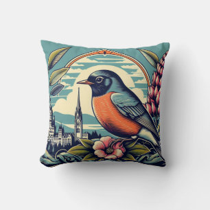 Connecticut State Bird and Flower Blue Orange Cushion