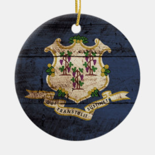 Connecticut State Flag on Old Wood Grain Ceramic Ornament