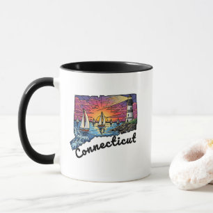 Connecticut State Tattoo Style Lighthouse Sunset Mug