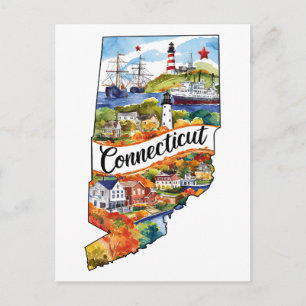 Connecticut USA State Shaped Vintage Watercolor Postcard