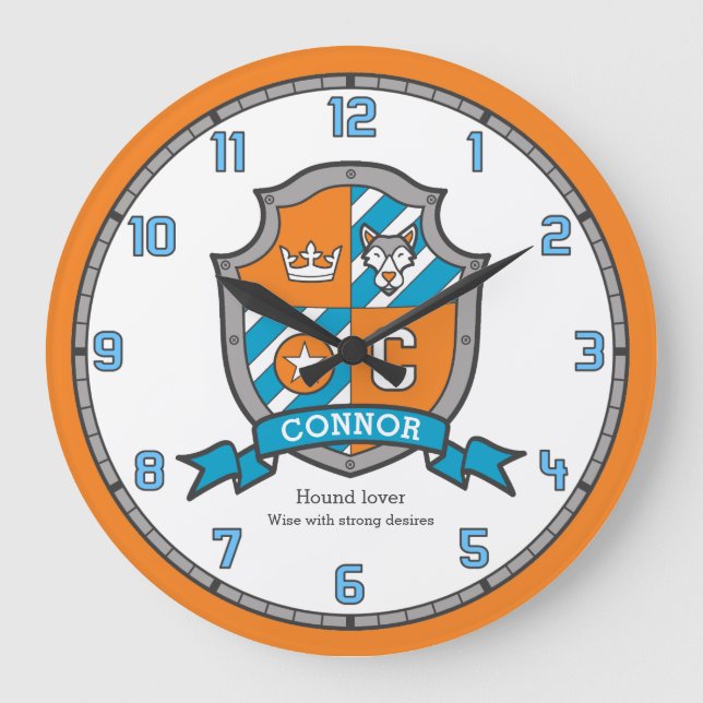 Connor boys name meaning knights shield orange large clock (Front)