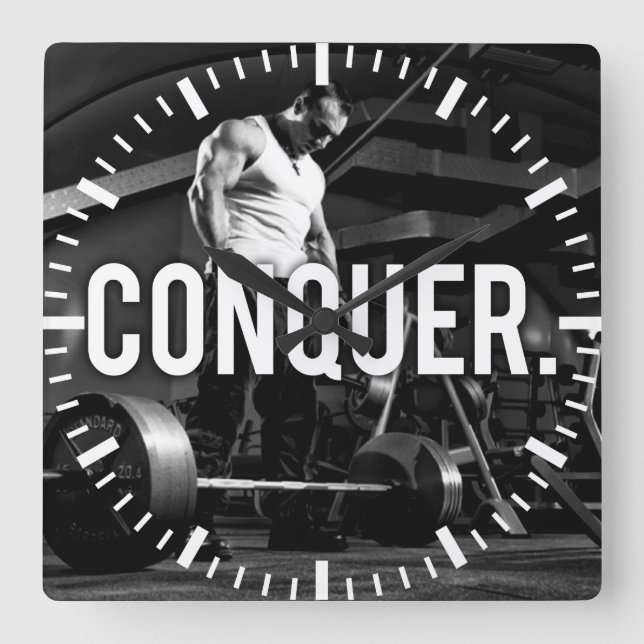 CONQUER - "Body building" Workout Motivational Square Wall Clock (Front)