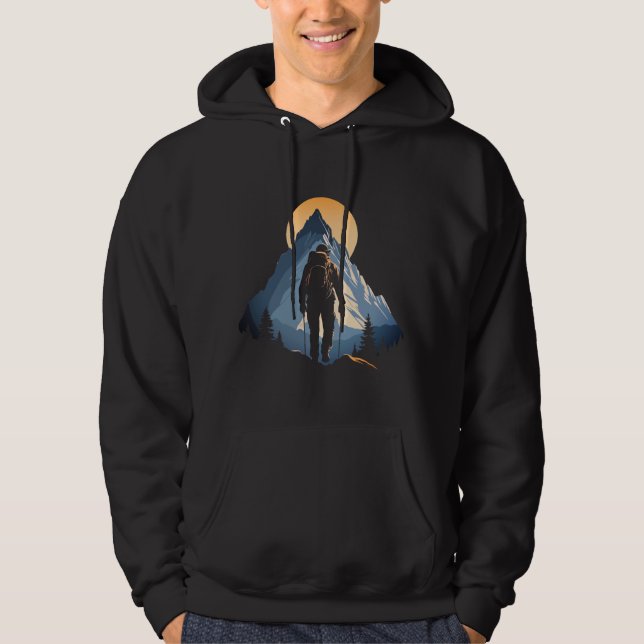 Conquer the Peak Bold Mountain Hiker Silhouette Hoodie (Front)