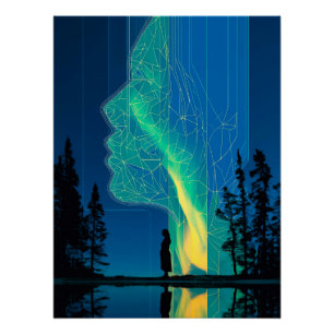 Constellations and aurora, minimalist line art poster