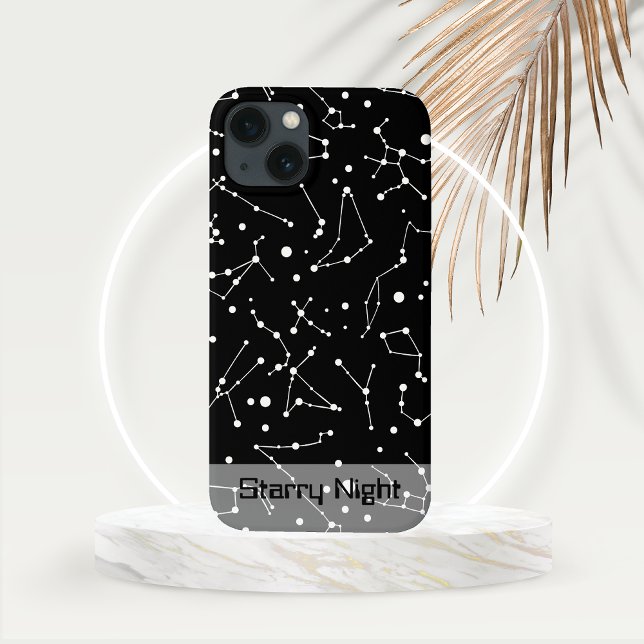 Constellations in White in Black Space Case-Mate iPhone Case (White Constellation Diagrams on Black Background with Personalization section ob Gold Frond Mockup)