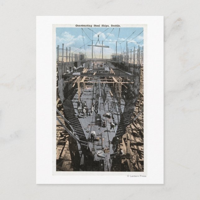 Constructing a Steel Ship Scene Postcard (Front)