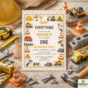Construction 1ST Birthday   Builder Truck Party  Invitation