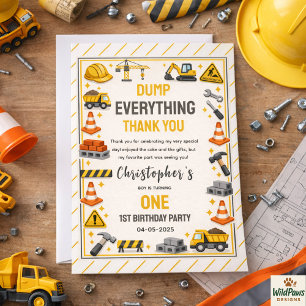 Construction 1ST Birthday   Builder Truck Party  Thank You Card