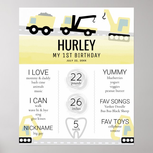 Construction 1st Birthday Milestone Poster (Front)