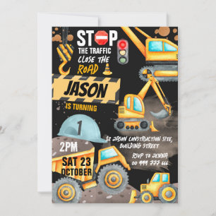Construction 1st Birthday Party Dump Truck Digger Invitation
