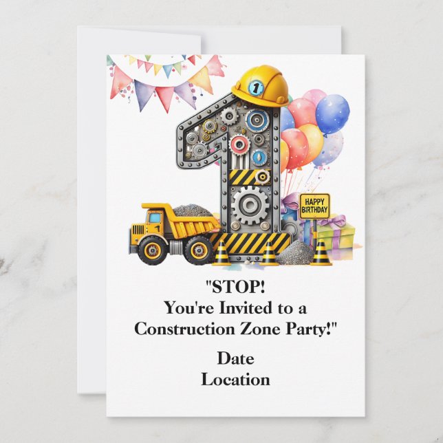 Construction 1st  Birthday Party Invitation (Front)