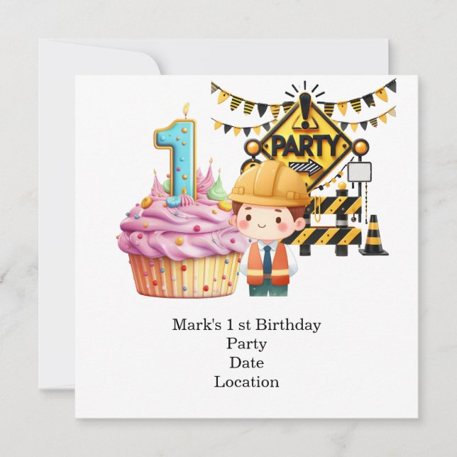Construction 1st  Birthday Party Save The Date (Front)