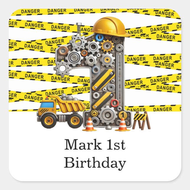 Construction 1st  Birthday Party Square Sticker (Front)