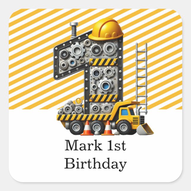 Construction 1st  Birthday Party Square Sticker (Front)
