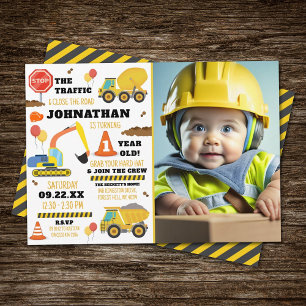 Construction 1st Birthday Photo Invitation
