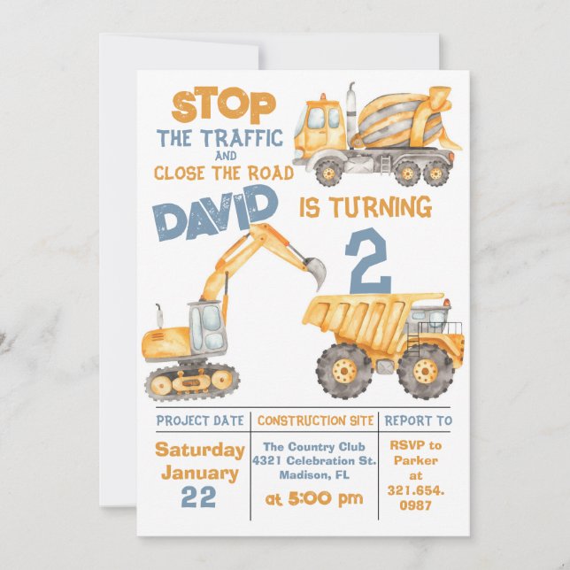 Construction 2nd Birthday Dump Truck Party Invitation (Front)