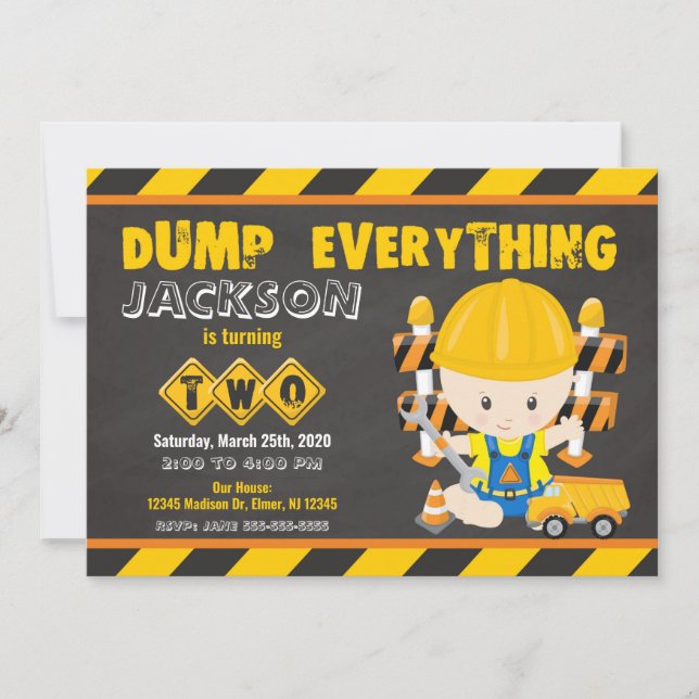 Construction 2nd Birthday Invitation Chalkboard (Front)