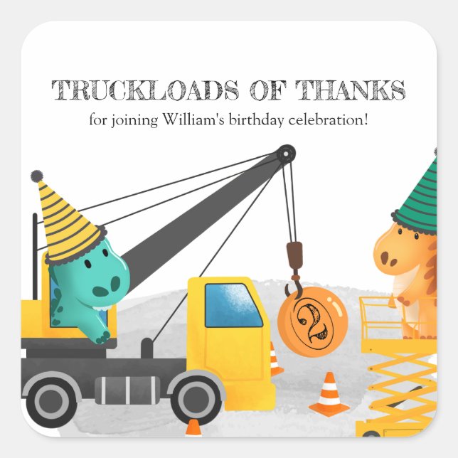 Construction 2nd Birthday Party, Dinosaur Theme Square Sticker (Front)
