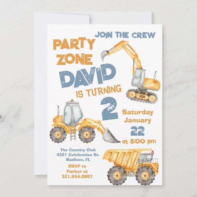 Construction 2nd Birthday Party Invitation (Front)