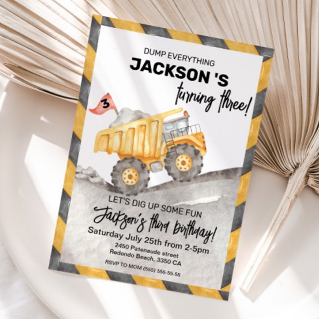 Construction 3rd birthay Dump Truck party Invitation (Construction Dump truck 3rd birthday invitation)